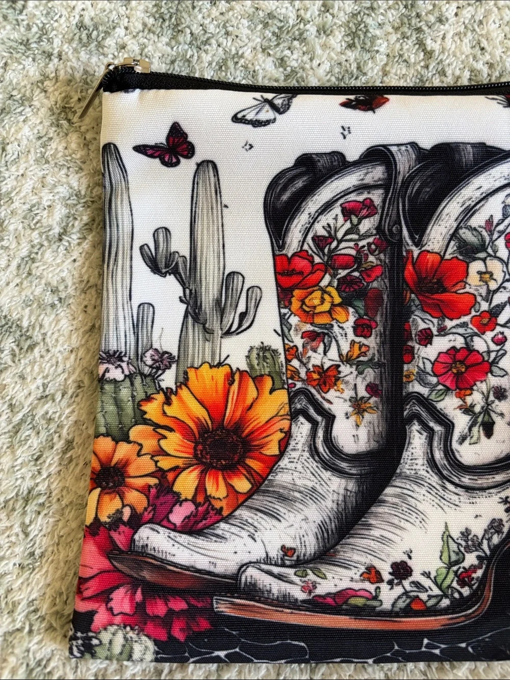 Western Santa Fe Floral Cactus Cowboy Boot Cosmetic Travel Bag Zipper Pouch NWT
